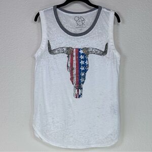 NWOT Chaser Sleeveless Tank Rounded‎ Hem Cow Skull Stars Stripes Flag Graphic XS
